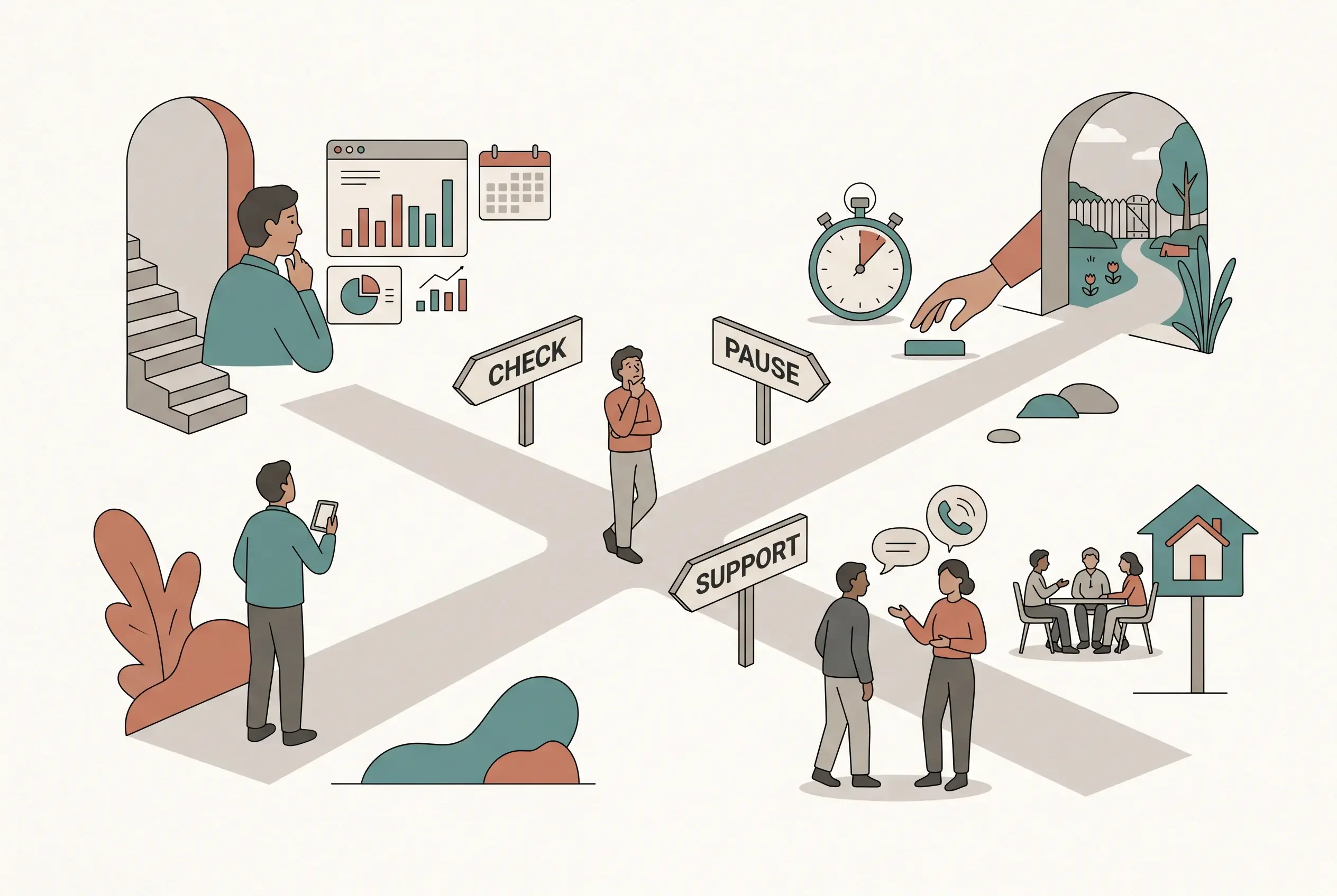 A calm decision map with checking, pause and support routes