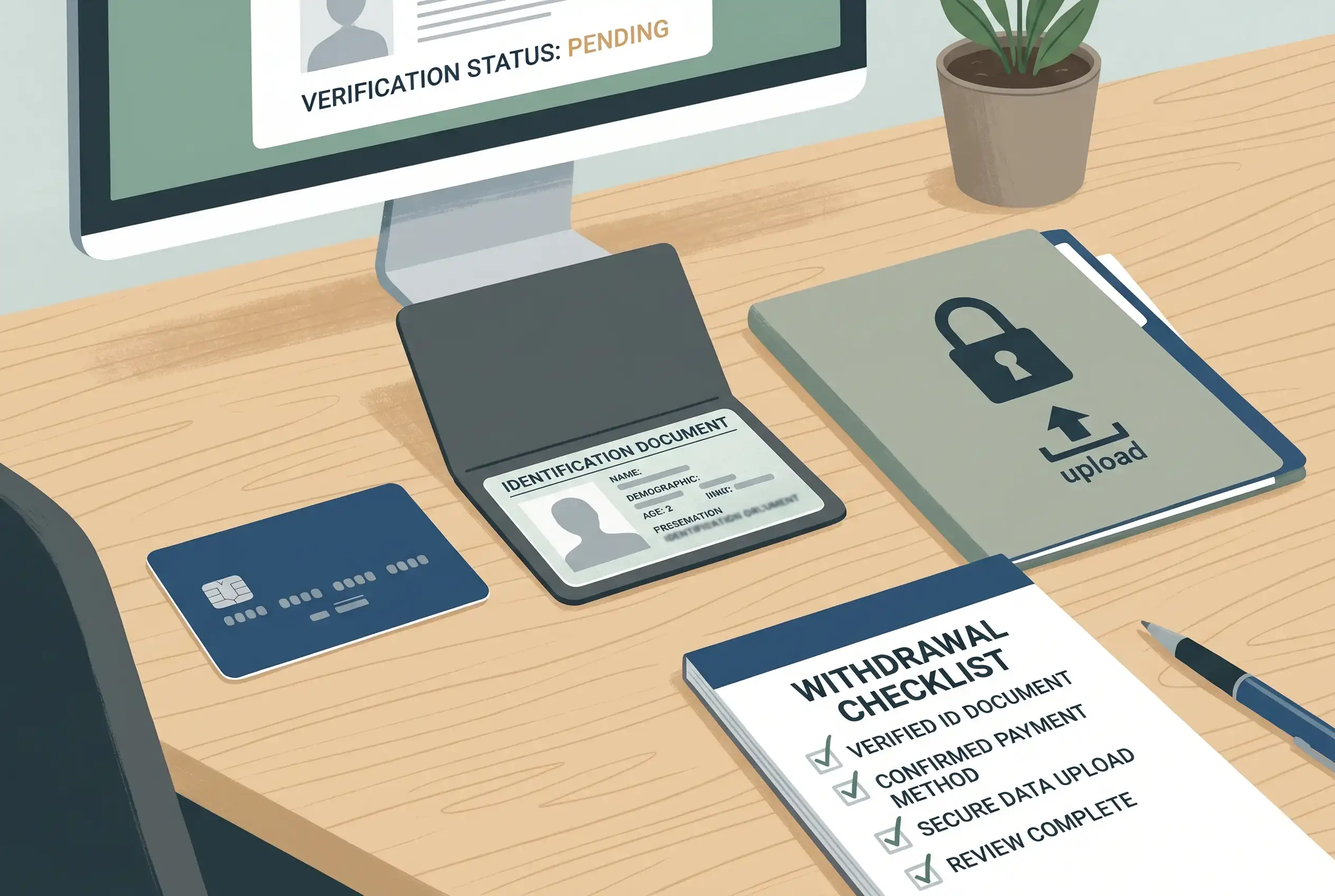 A payment card, identity document and withdrawal checklist on a desk