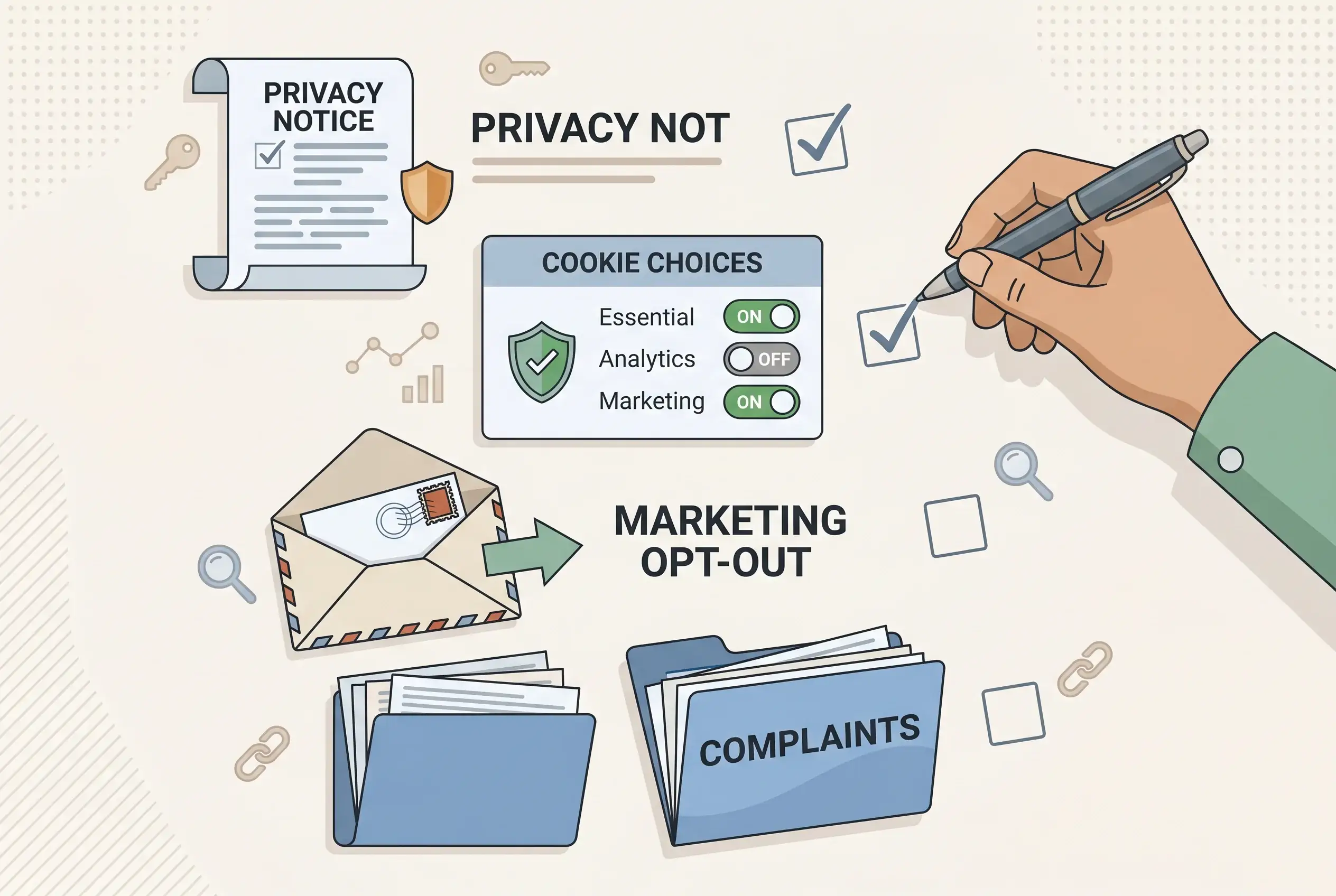 A privacy notice, cookie switch and complaint folder arranged as a checklist