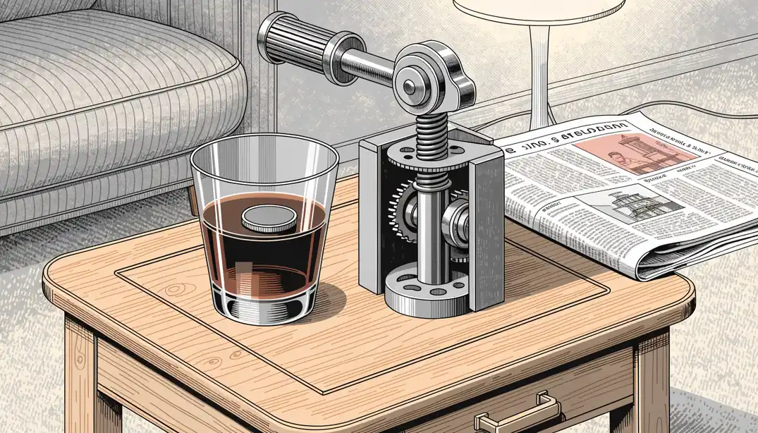 Slot machine lever and coin on a British pub-style side table
