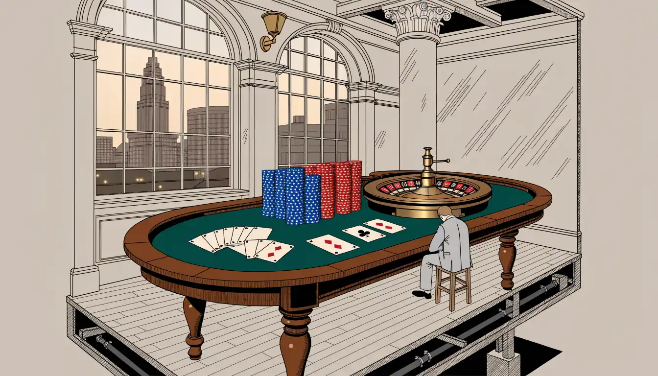 Casino chips, roulette wheel and playing cards on a wooden table with London skyline at dusk