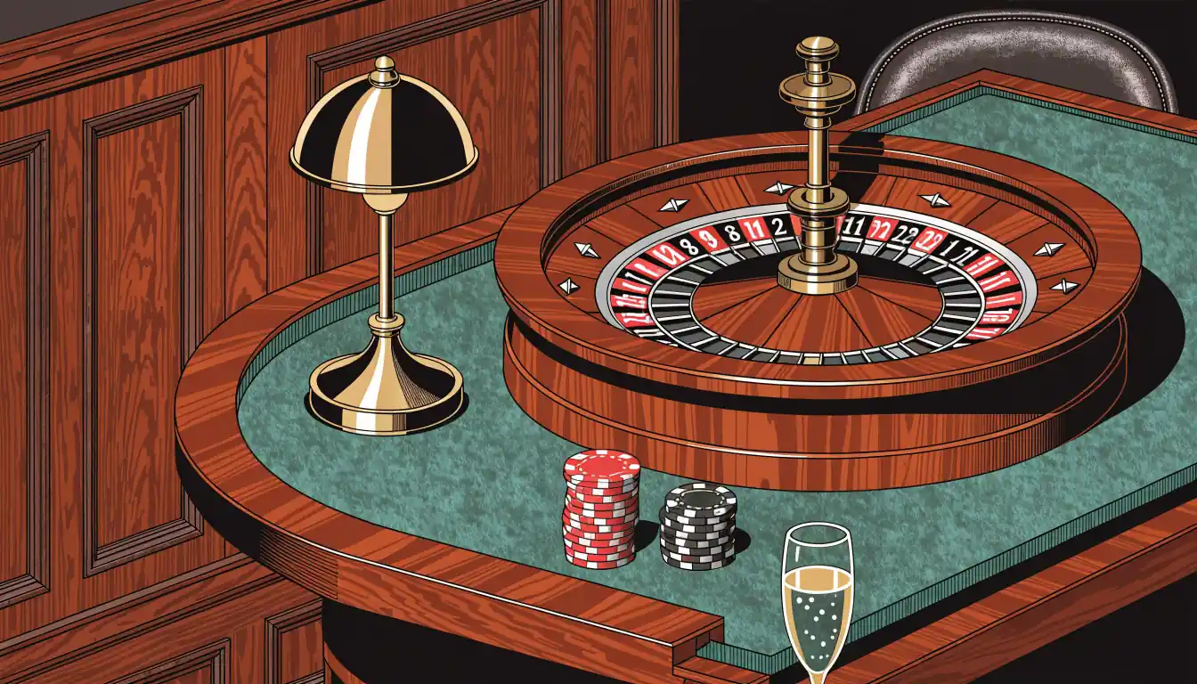 Roulette wheel with stacked chips on green felt in a warm London club interior.