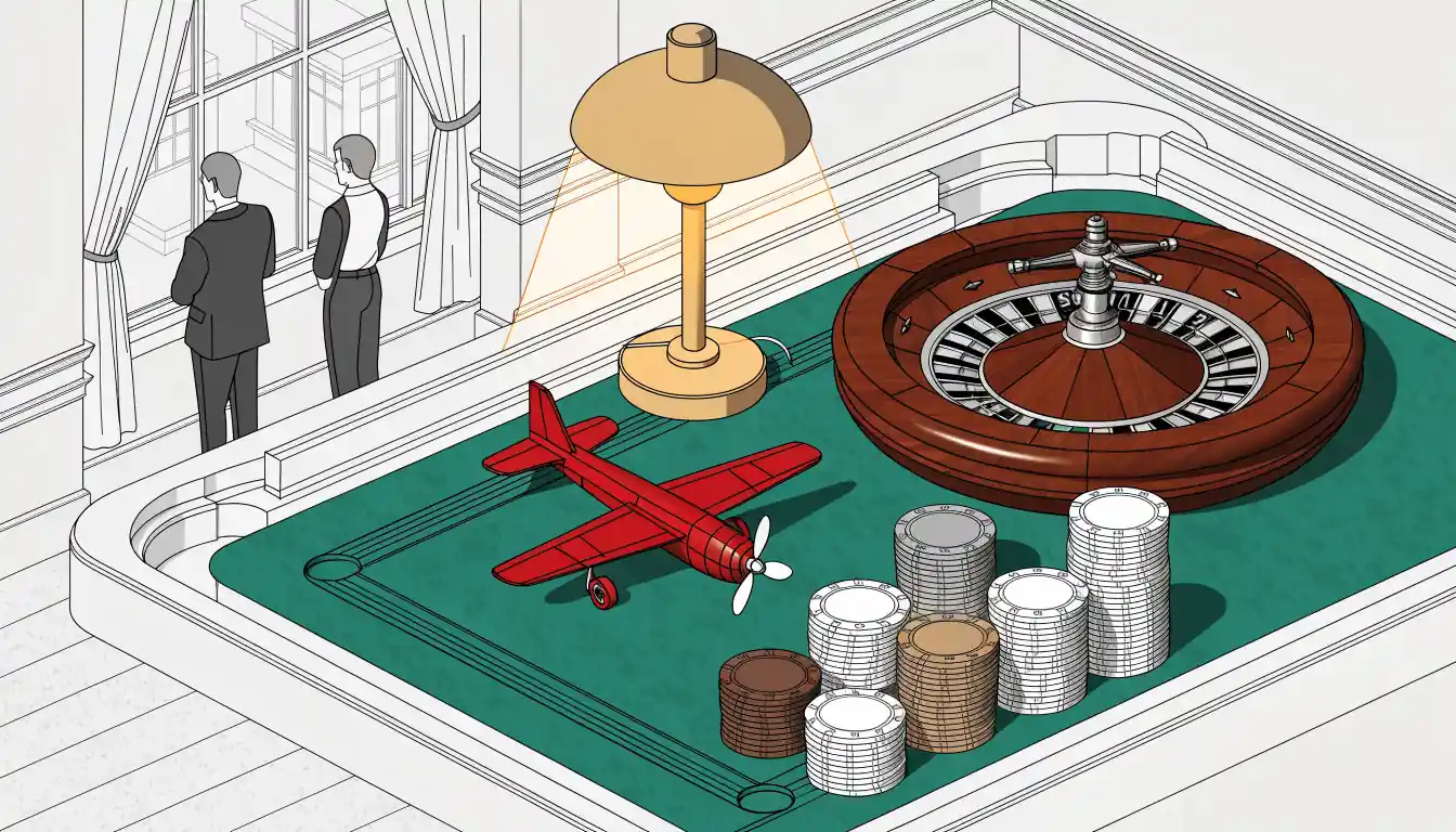 Red toy plane on a green felt casino table with chips and roulette wheel in warm light.