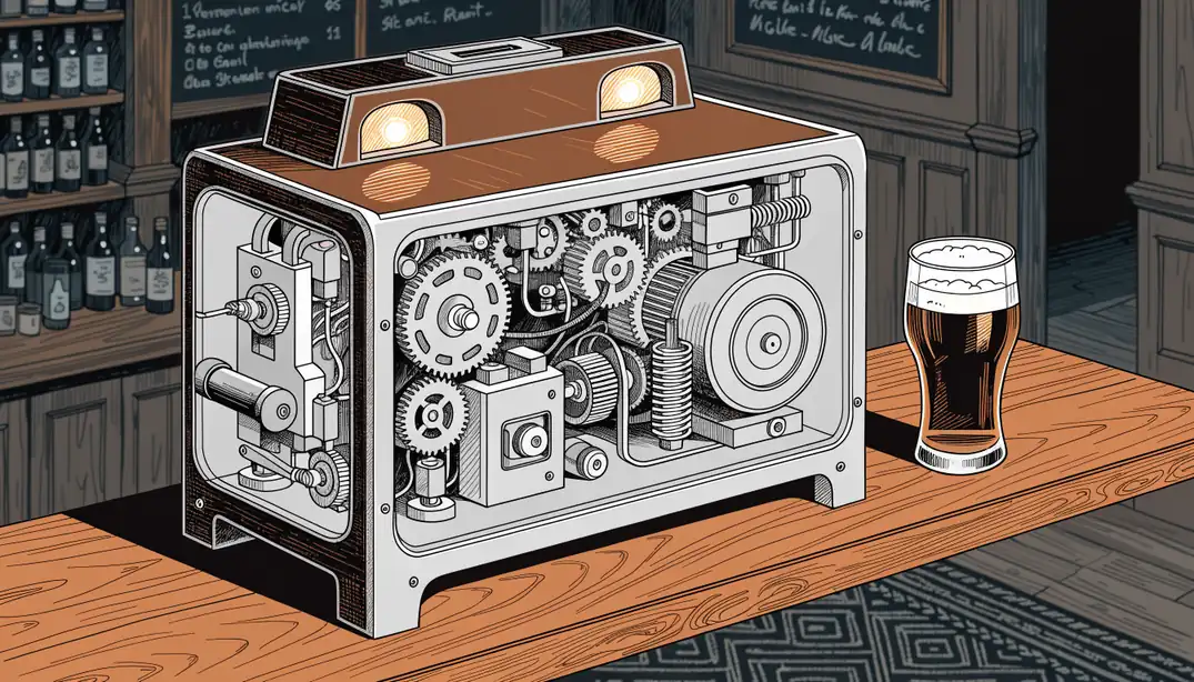 Classic three-reel slot machine on a British pub shelf