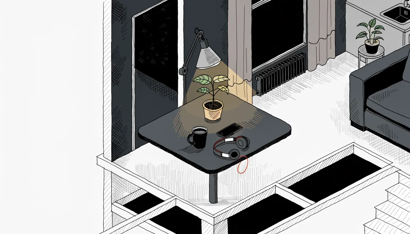 Smartphone on a coffee table in a cozy British living room at night.