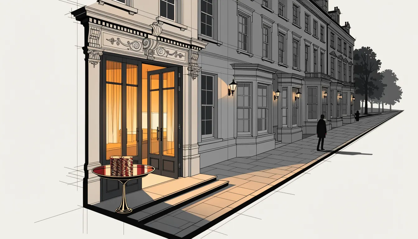 Elegant British casino entrance at dusk with warm golden lighting and stacked chips by the door.