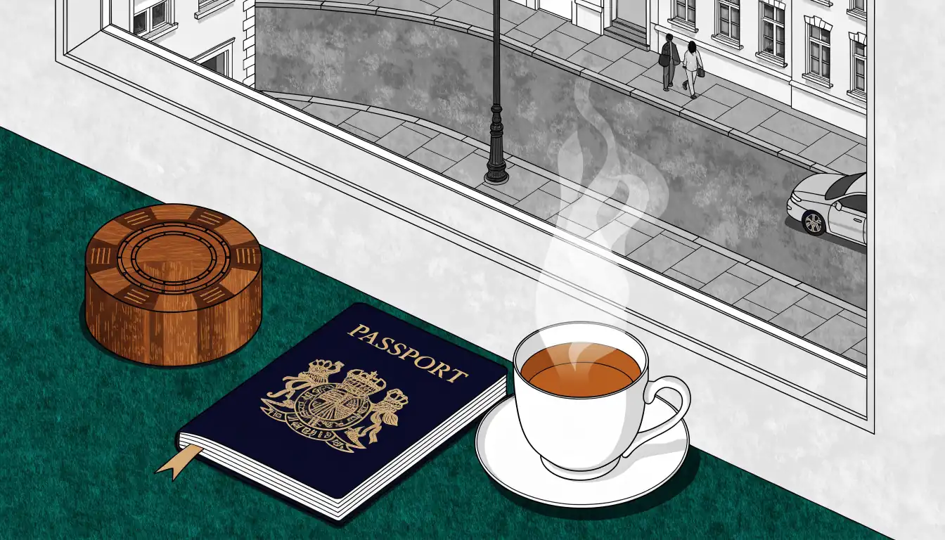 Casino chip on felt beside a British passport and tea, London street through window.