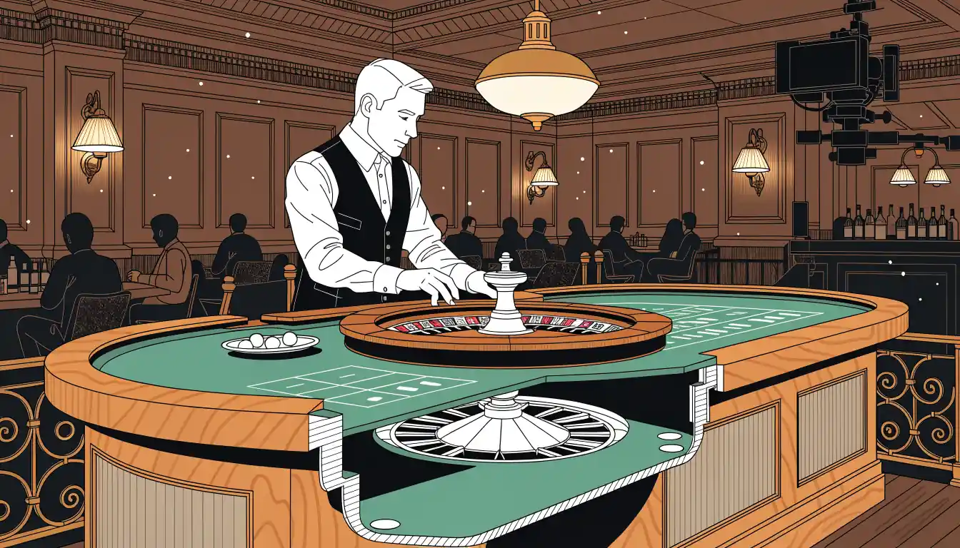 Professional croupier at a roulette table in a warmly lit live casino studio