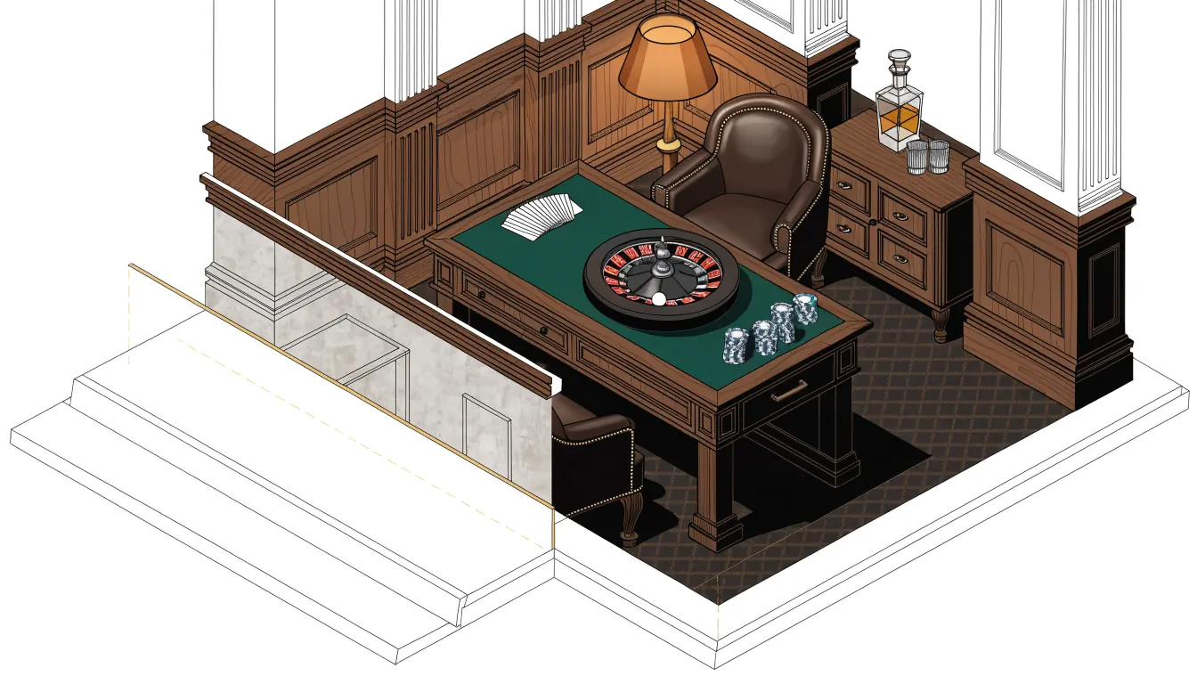 British-style casino lounge with green felt table, roulette wheel, and chips