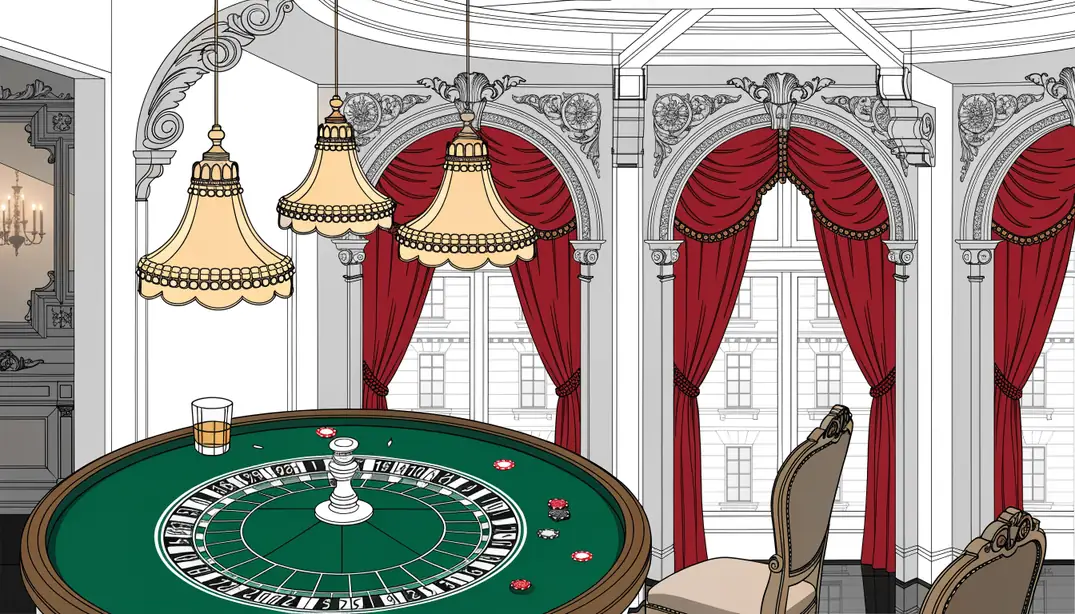 Elegant British casino interior with roulette table, scattered chips, whiskey, and velvet drapes.