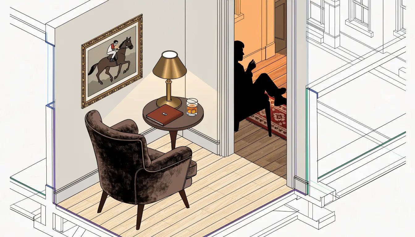 Warmly lit British living room corner with whisky glass and closed notebook, framed racing print on wall.