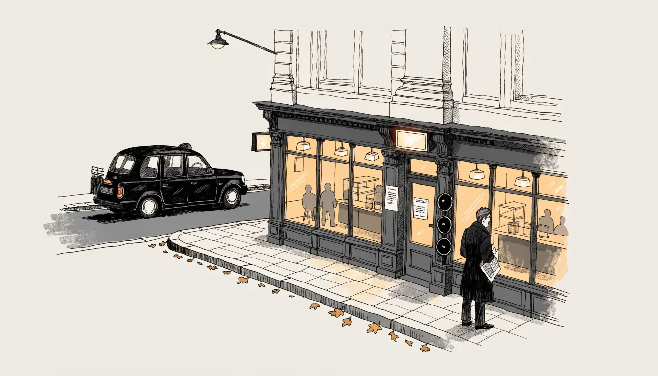 British high street betting shop exterior at dusk with a passerby and black taxi.