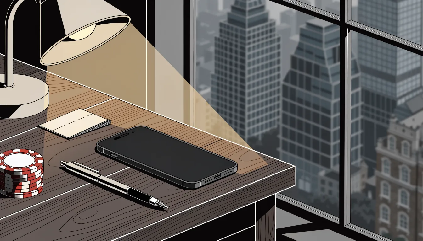 Smartphone on a desk near casino chips and a lamp, with London skyline outside.