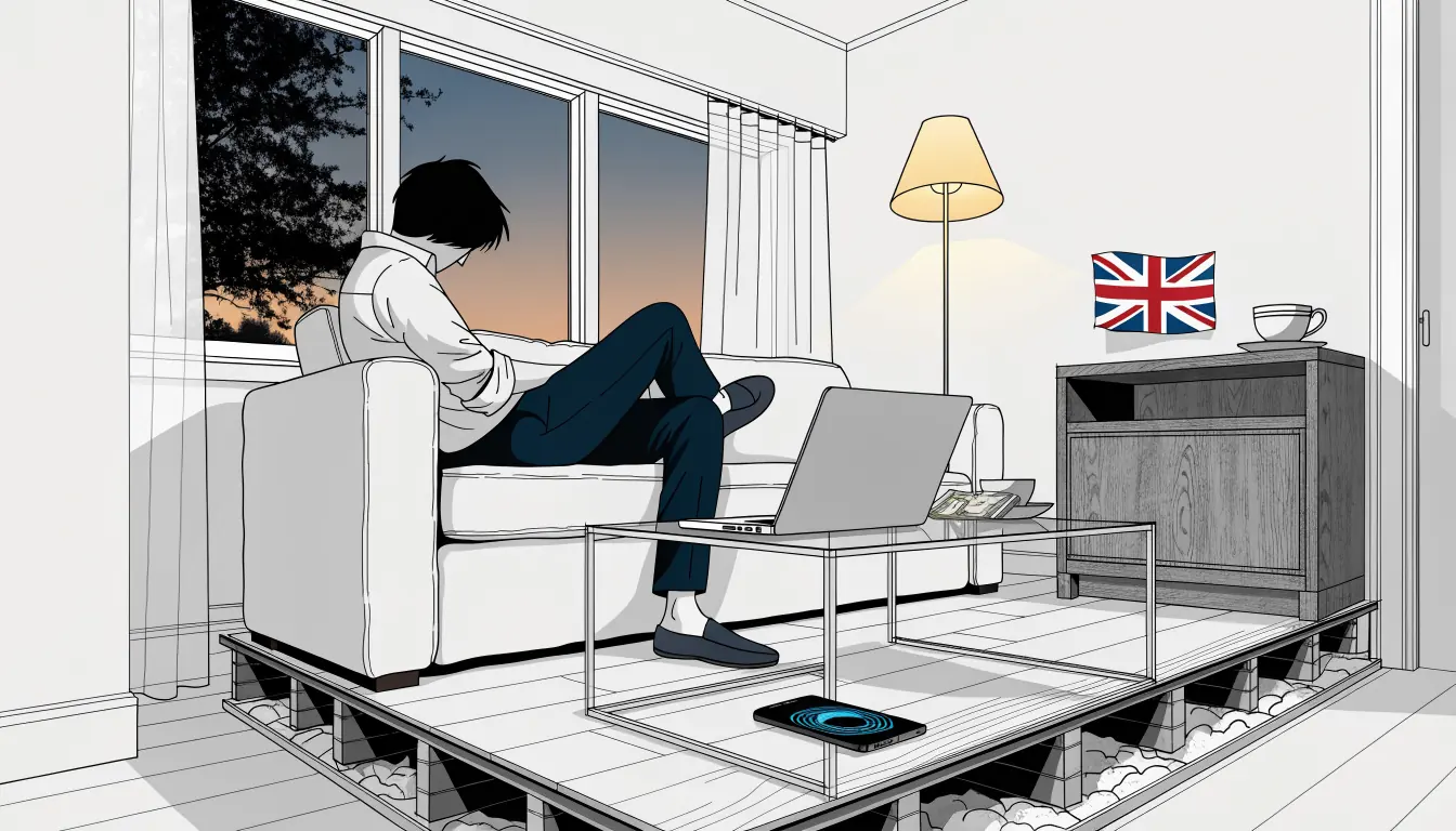 Person at home using online banking on a laptop in a British living room at dusk.