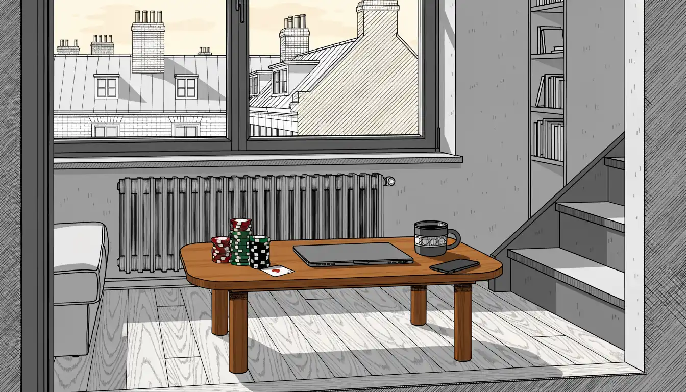 UK apartment with closed laptop, casino chips, playing card, and face-down smartphone on coffee table