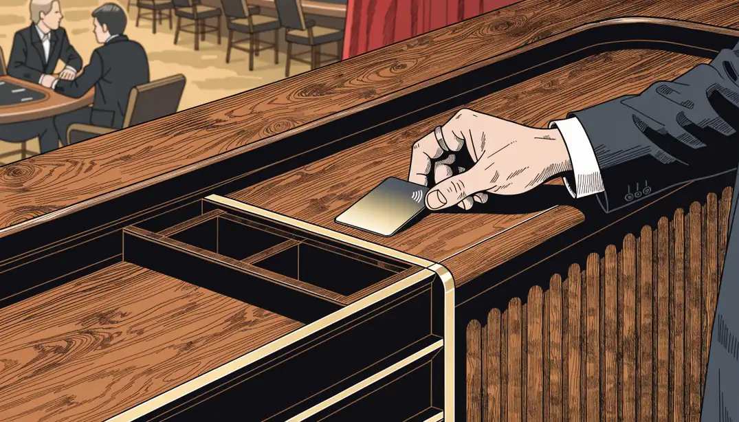 Hand placing a payment card on a casino cashier counter in a British gaming club