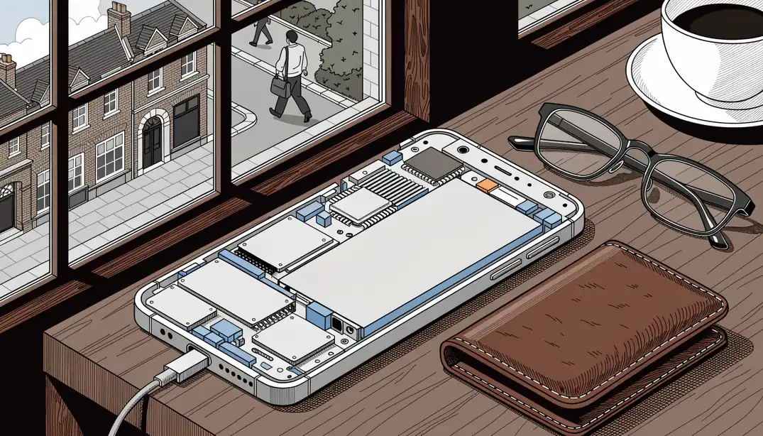 Smartphone, wallet and glasses on a table near a window overlooking a British high street.