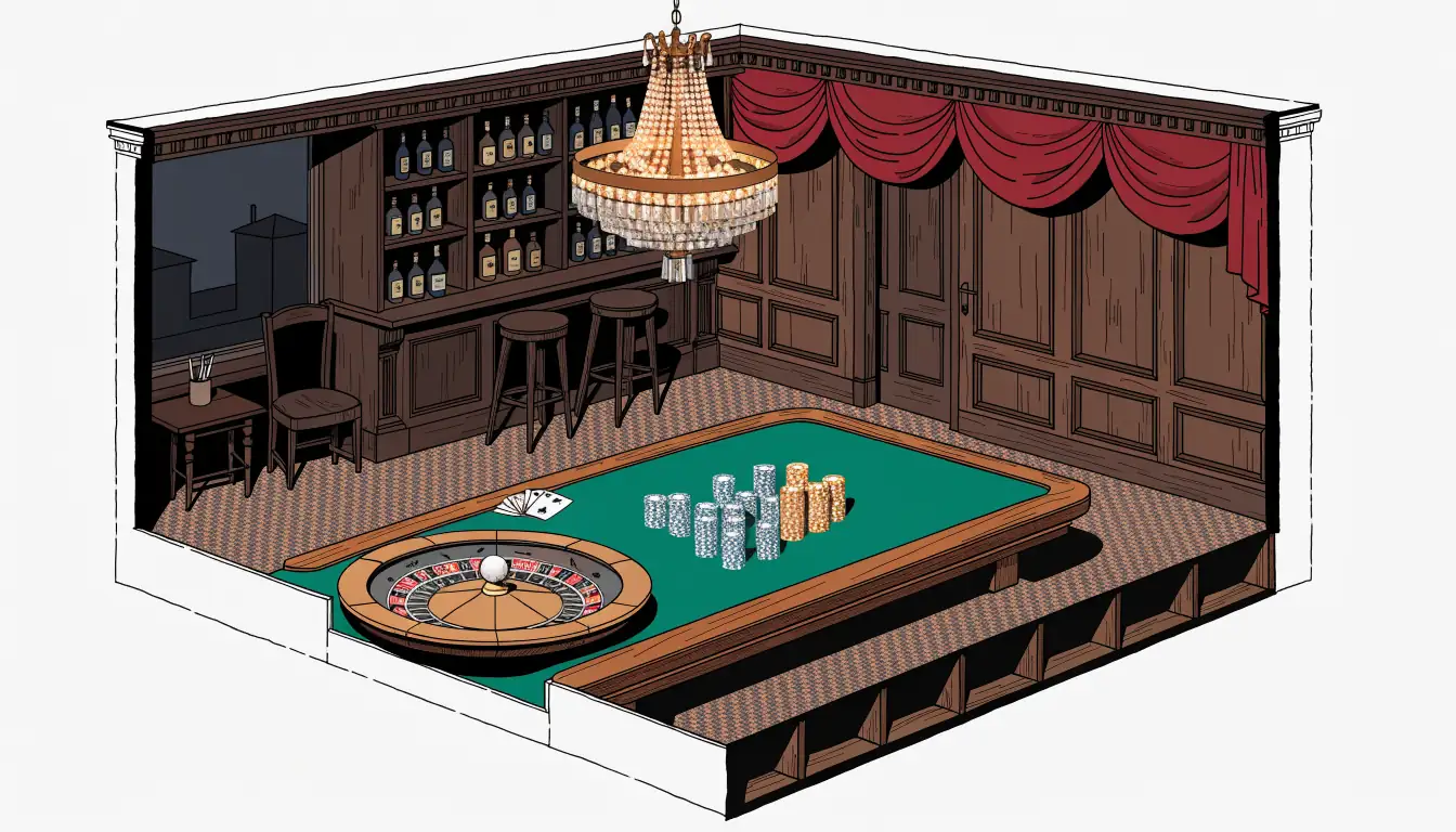 Classic British casino interior with chips, roulette wheel and cards on a green felt table