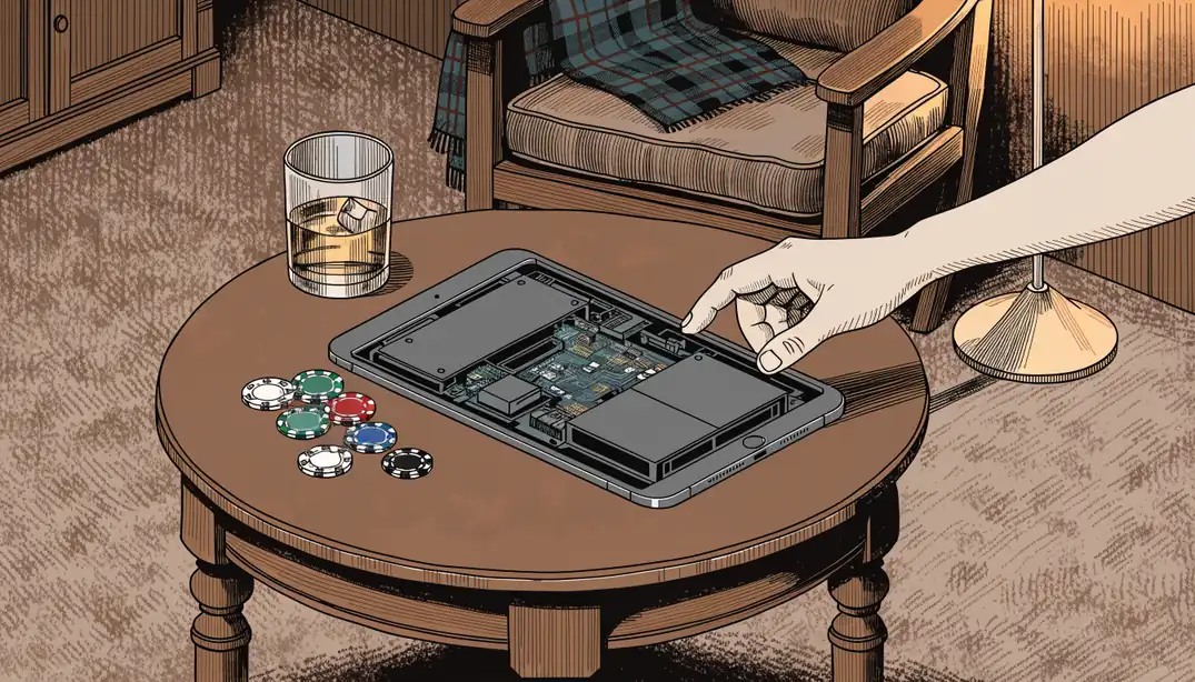 iPad on a wooden table with casino chips and a whisky glass in a British home setting.