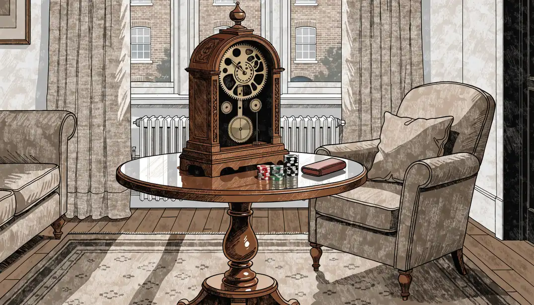 A vintage clock, casino chips, and a card case on a side table.