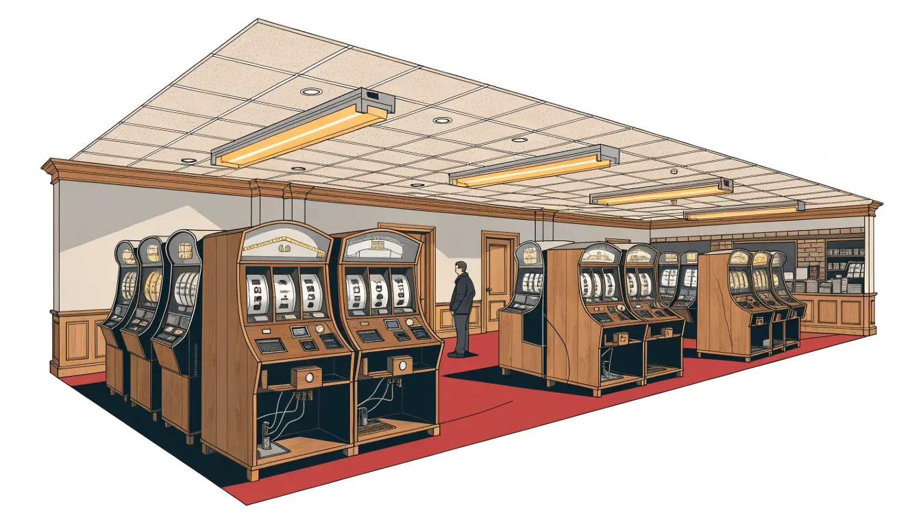 Classic UK gaming arcade with rows of slot machines under warm lights