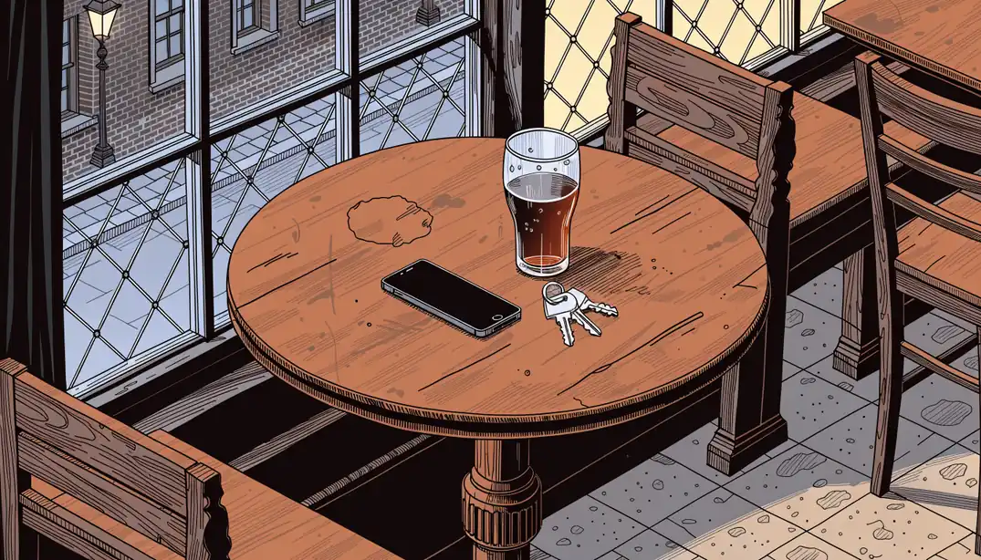 Phone on a pub table at evening in London