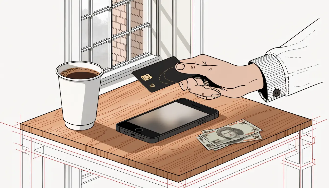 Hand holding a UK debit card near a smartphone, coffee cup and pound notes in a London flat.