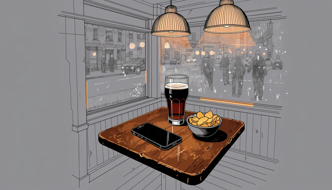 Smartphone face-down on a pub table with a pint of ale in a warm British pub interior