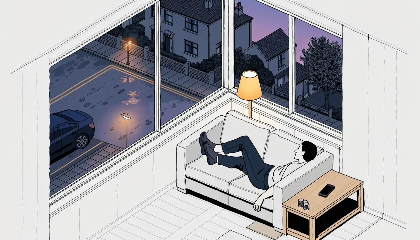 Cozy British living room at dusk, person on sofa, face-down phone beside a growing stack of coins.