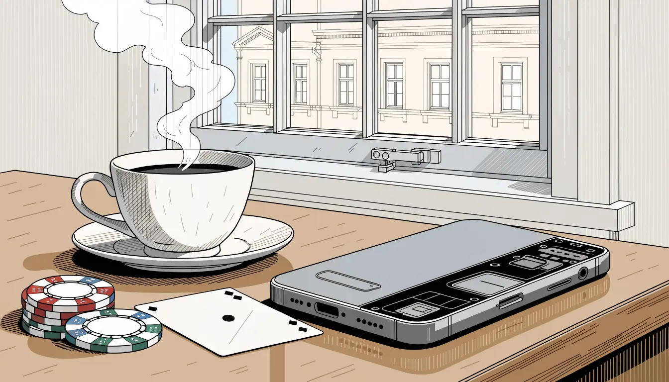 Smartphone face-down beside casino chips and a playing card on a wooden table with a British tea cup.