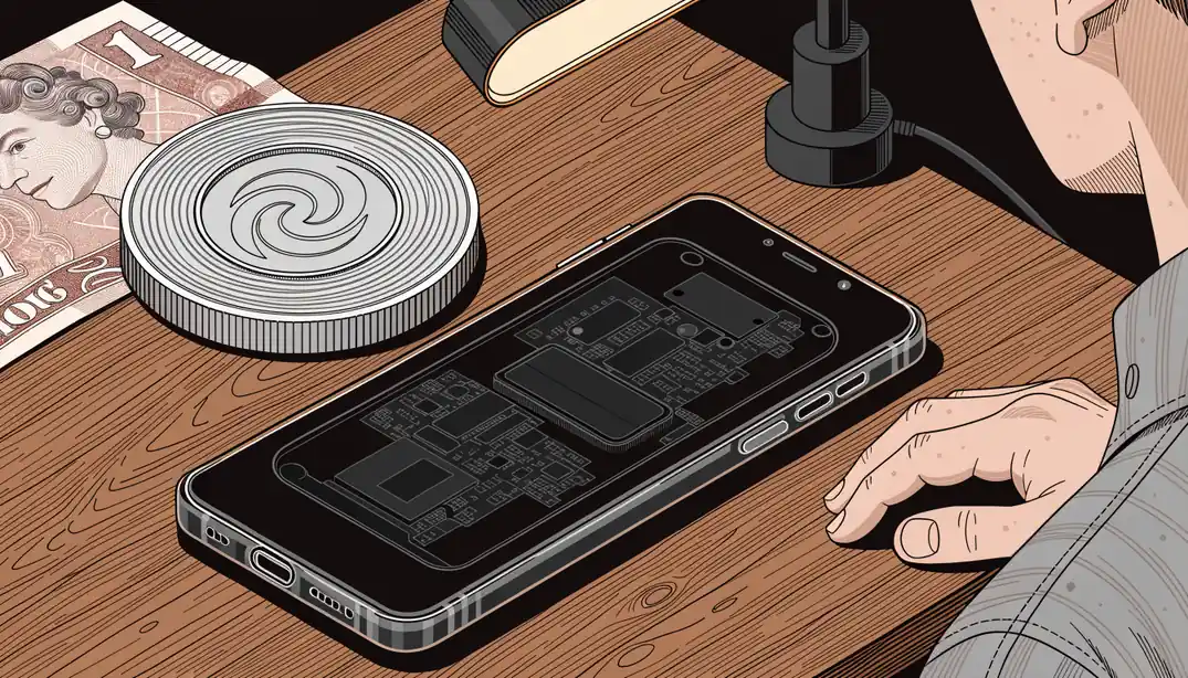 Smartphone, Ripple coin and British pound note on a desk under a warm lamp.