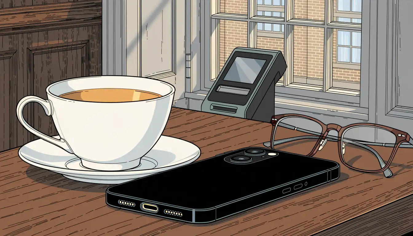 Smartphone face-down beside tea in a British café interior